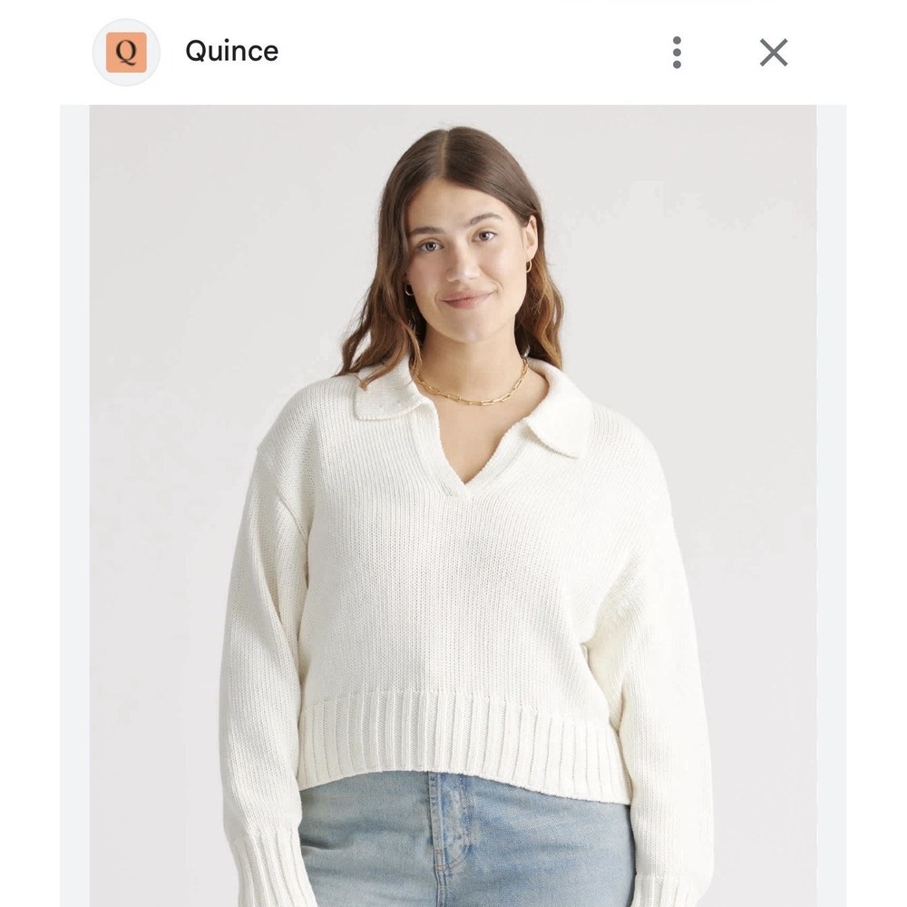 $70 QUINCE 100% Organic Cropped Cotton Polo Sweater Fisherman Pullover White Med